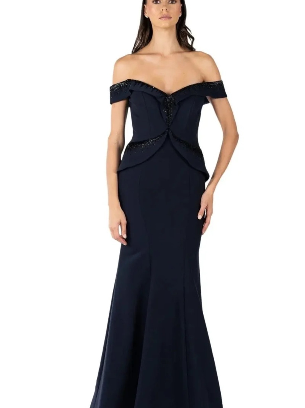 Rene Ruiz Stretch Faille Peplum w/ Bead Gwn Off-Shoulder Navy Evening Gown